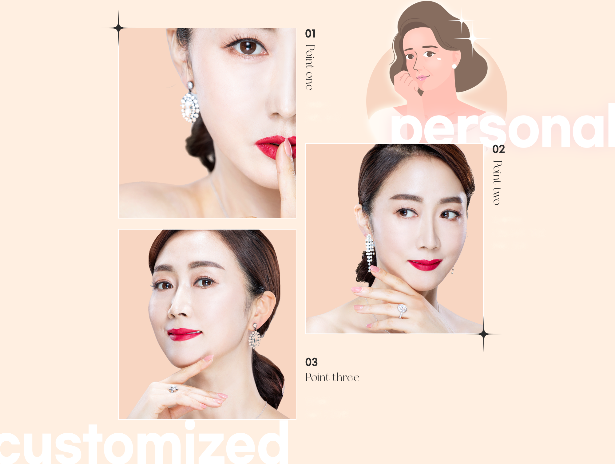 Kolase desain bentuk mata personal yang terdiri dari foto tiga model dan ilustrasi wajah